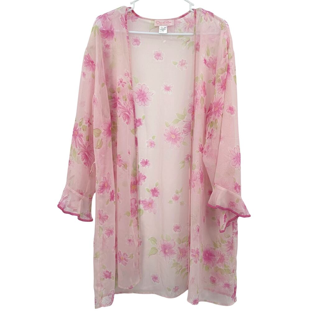 Oscar de la Renta Size Large Long Sleeve Robe Pink Floral Print Semi Sheer